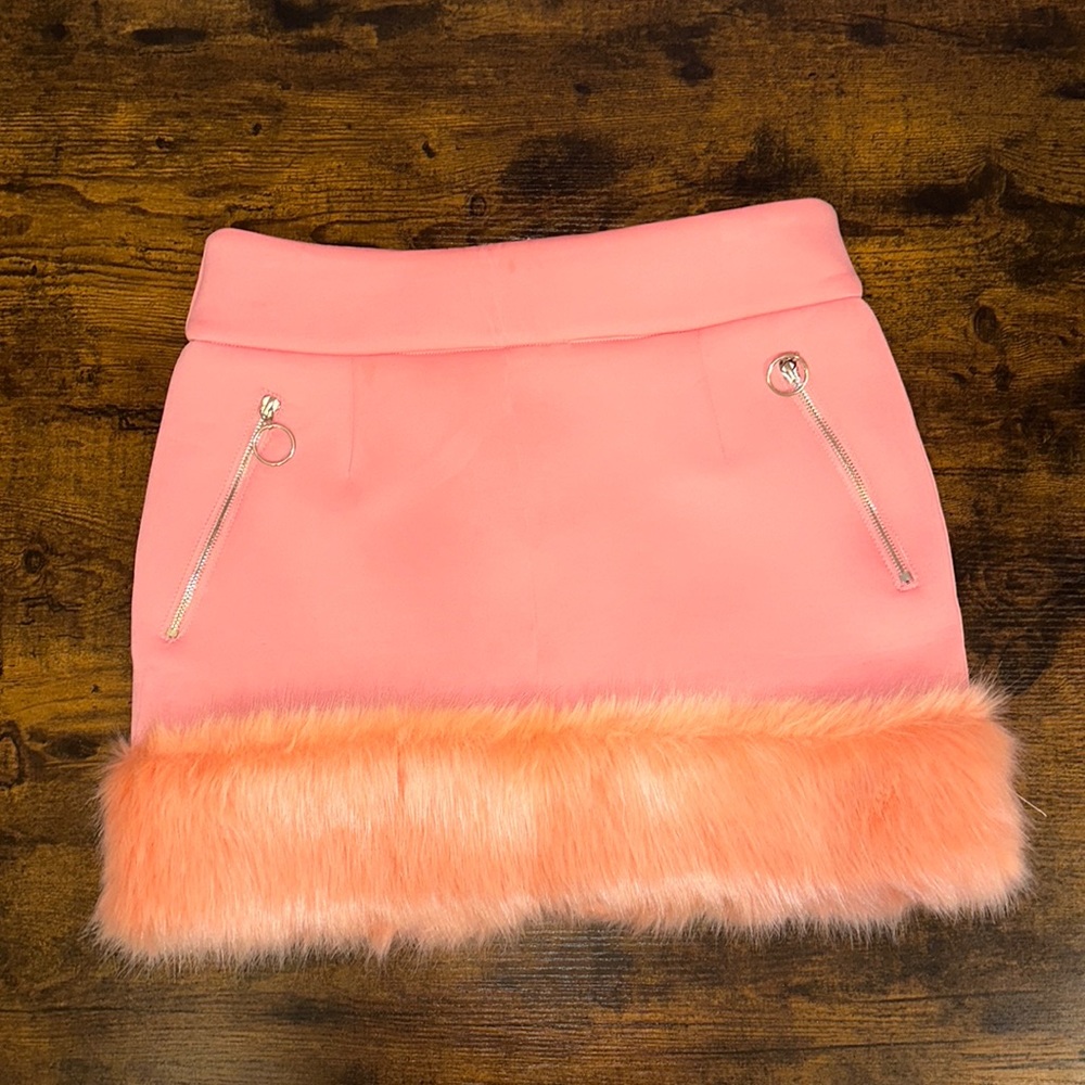 Y2K pink fur-trimmed skirt by Shade London; fits best M-L
